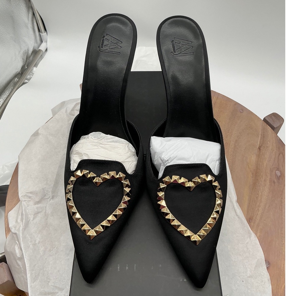 Aminah Abdul Jillil Black Satin Heart Studded Pointed Toe Mules Heels 8.5M